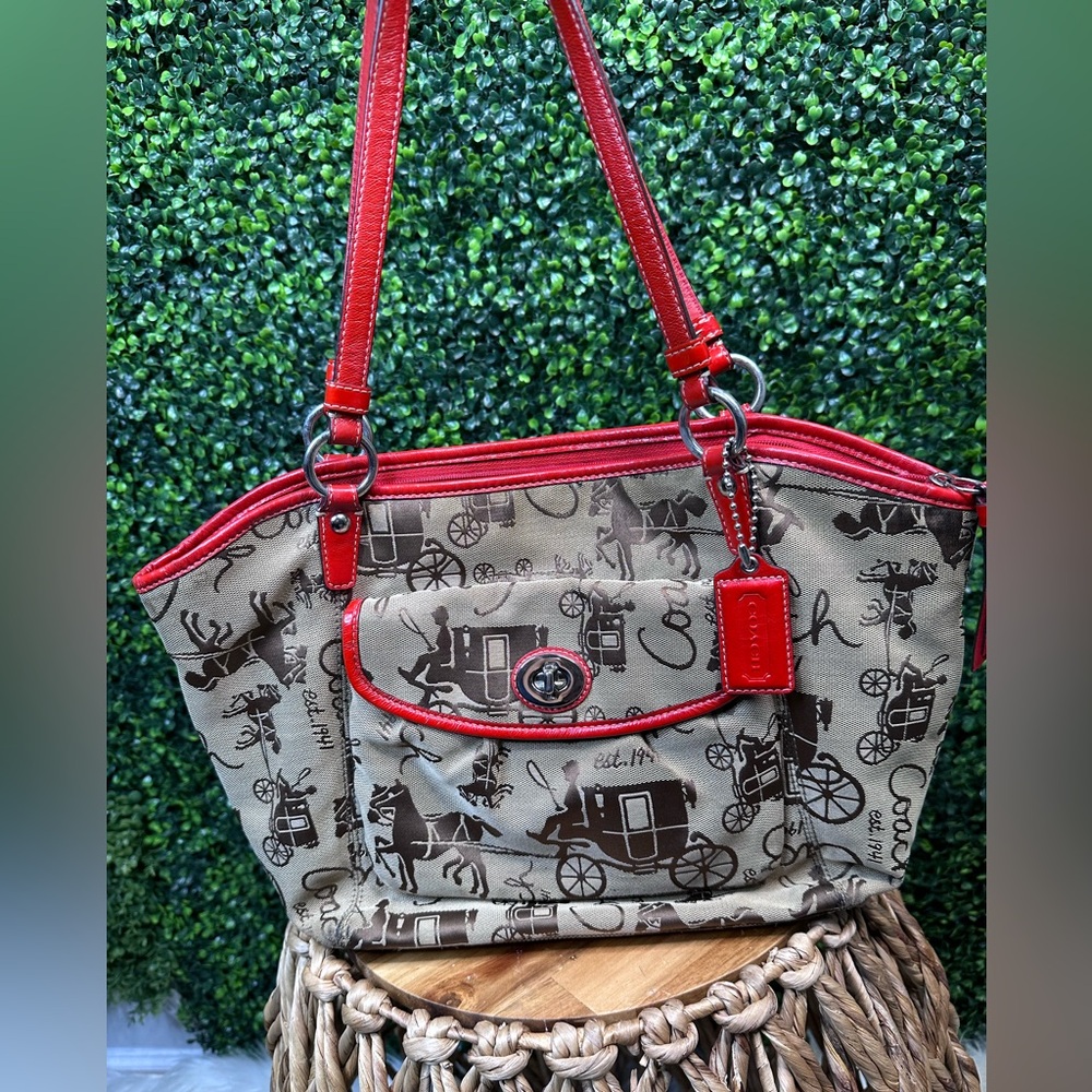 Coach Red and Brown Shoulder Bag with horse and carriage Design vintage coach